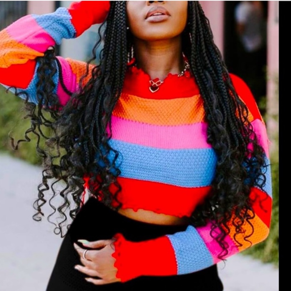 💋Rainbow Striped Knit 🧶 Distressed Cut Collar Crop Sweater